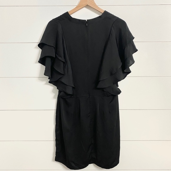 Avec Les Filles Black Deep V-Neck Ruffle A-Line Faux Wrap Mini Cocktail Dress - Picture 6 of 11